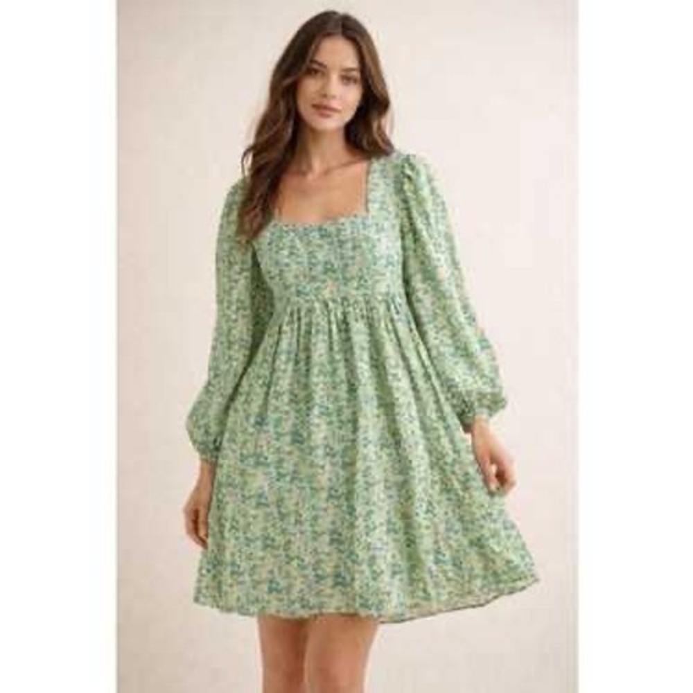 Moon River Green Floral Square Neck Puff Sleeve Mini Dress Size Medium